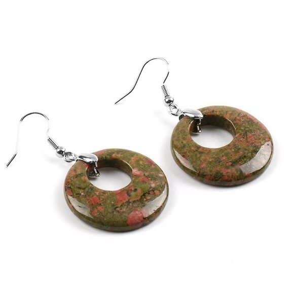 Unakite Natural Stone Gemstone Healing Round Donut Dangle Earrings - Picture 2 of 2